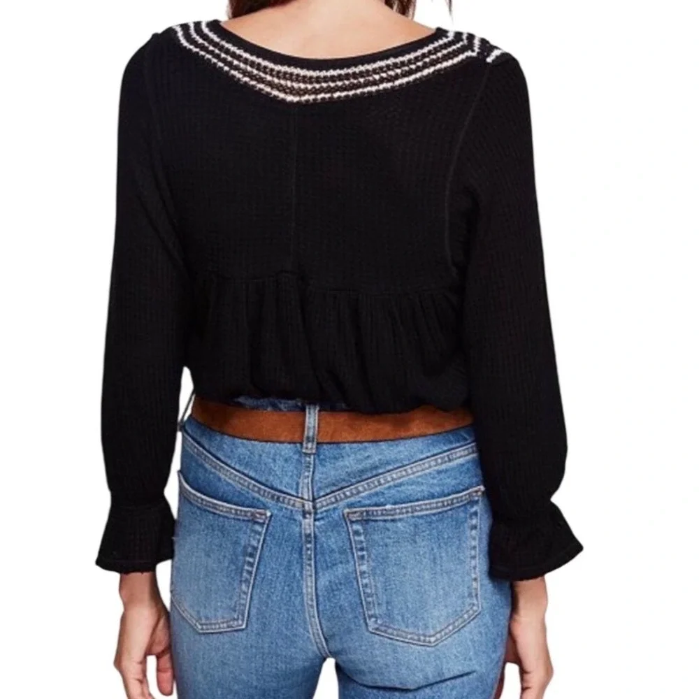 Free People Black Crochet Soul Mate Yoke Waffle Knit Boho Babydoll Top S/P